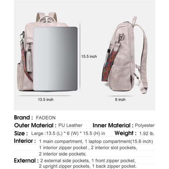 Women's Dark Gray Retro Style Backpack Designer 15.6 inch PU Leather Laptop Bag - Picture 3 of 10